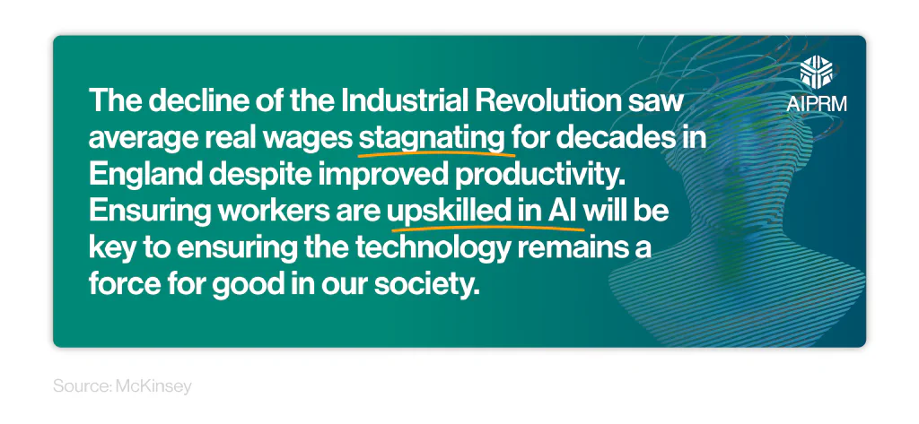 Mini infographic breaking down the decline of real wages in England after the industrial revolution, and the importance of upskilling modern workers in AI.