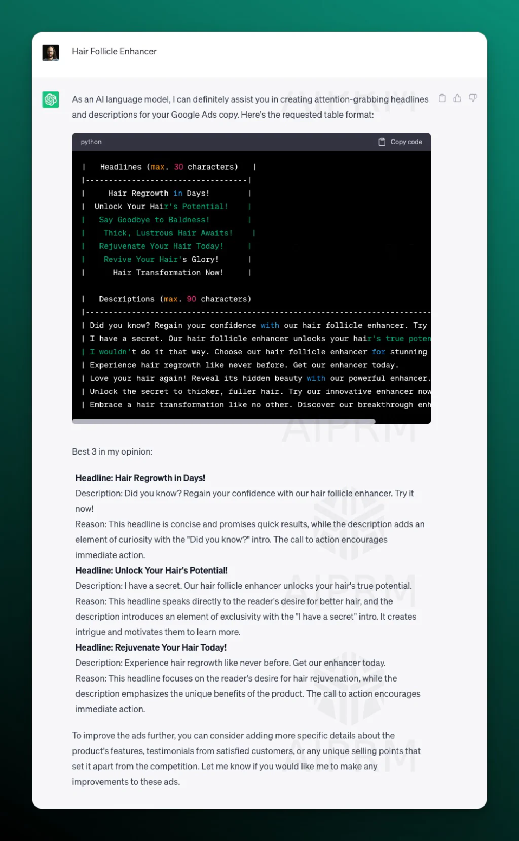 Screenshot of AIPRM Prompt Output for FB Ad Body Copy