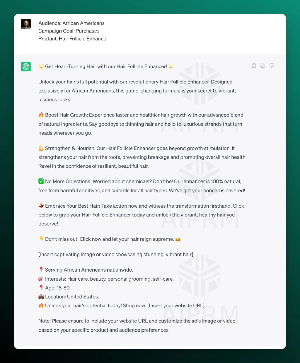 Screenshot of AIPRM Prompt Input for FB Ad Copy