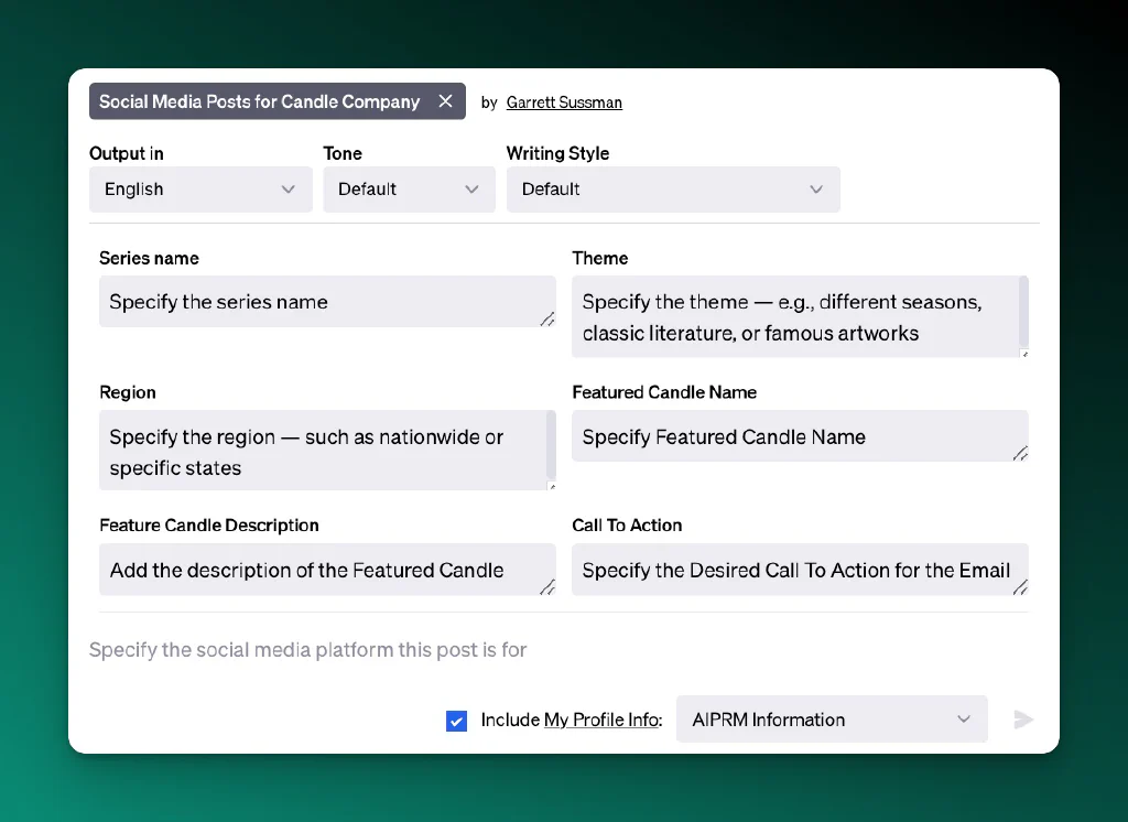 Screenshot of an AIPRM prompt for a social media candle company post.
