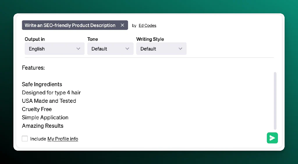 Screenshot of AIPRM Prompt Input for Product Description of Hair Follicle Enhancer