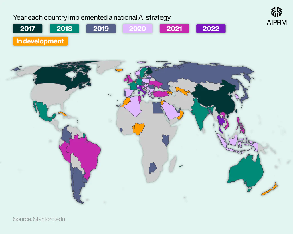 World map showing government AI strategy statistics by country and year