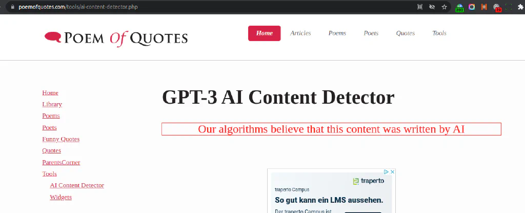 GPT3 Content Detection Successful with PoemOfQuotes