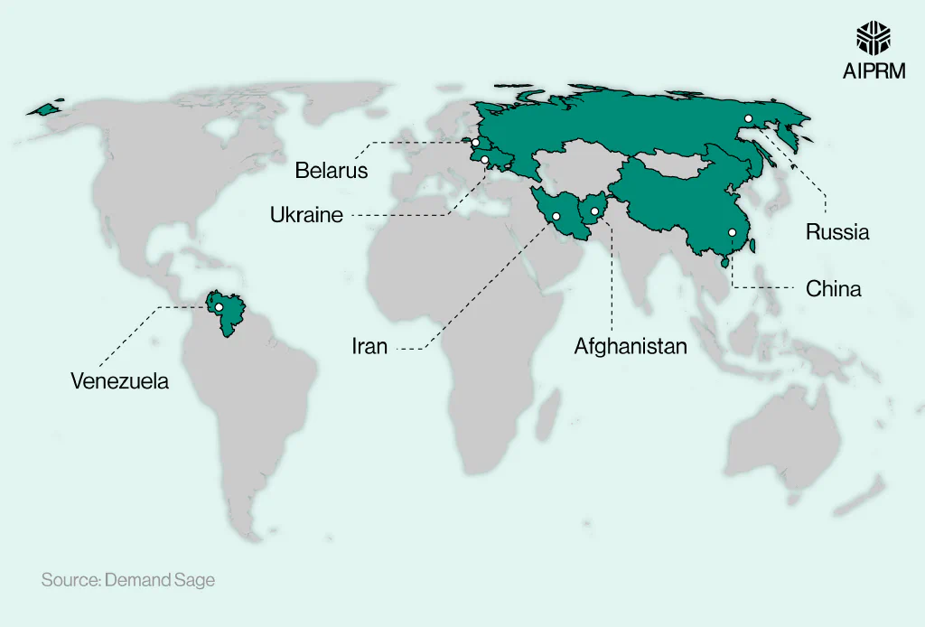 Map graphic showing the countries where ChatGPT is banned