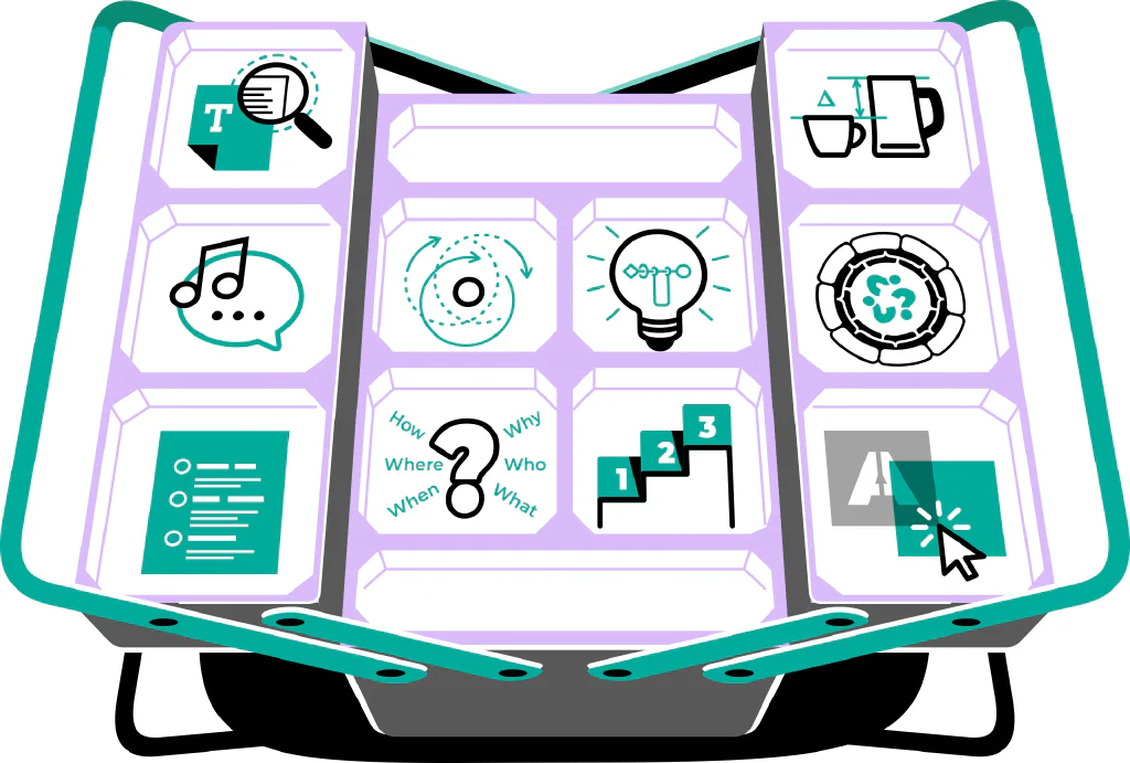 A digital illustration of a large, overarching image of a toolbox, open to display various compartments, each housing a tool that represents one of the 10 tricks.