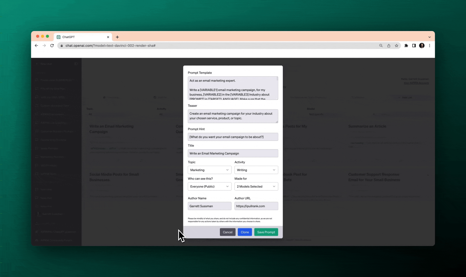 Animated gif of an AIPRM prompt template selecting privacy level from a dropdown.