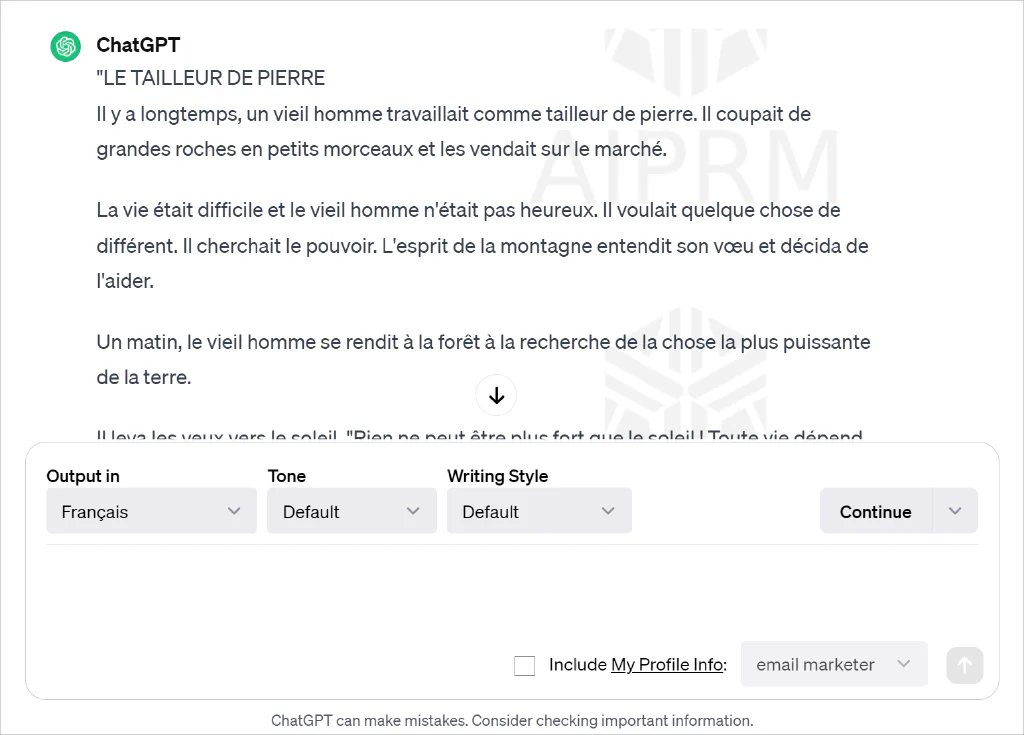 Schermata del testo francese tradotto da ChatGPT e del prompt di AIPRM