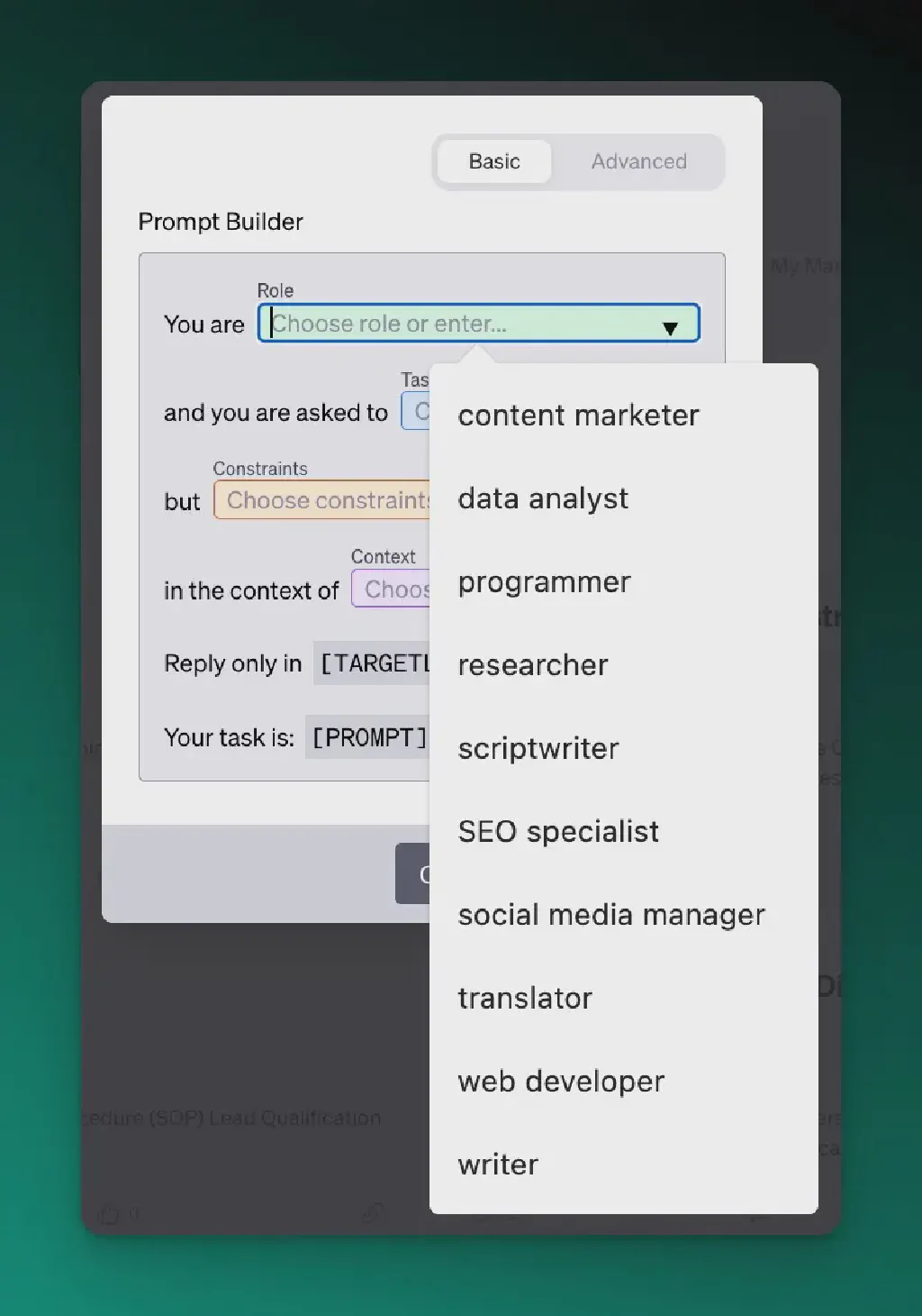 Schermata del modello AIPRM Prompt Wizard - menu a discesa per selezionare un ruolo