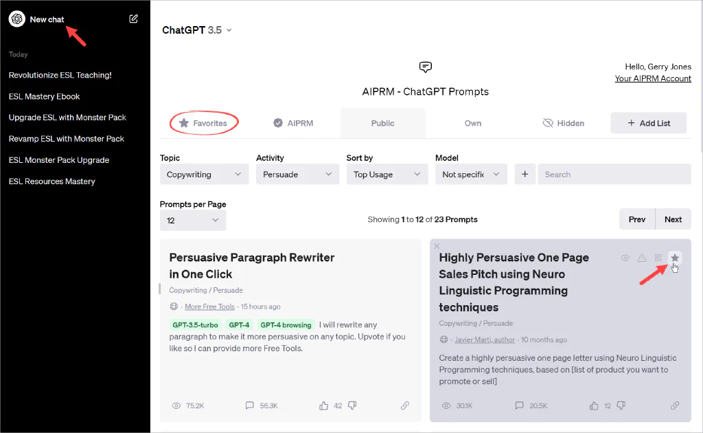 Schermata della pagina ChatGPT con le frecce che indicano i pulsanti Nuova chat e Preferiti.