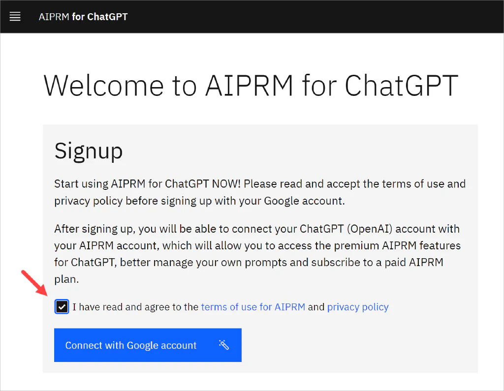 Schermata della pagina di benvenuto di AIPRM con una freccia che indica il pulsante Connetti con l&rsquo;account Google