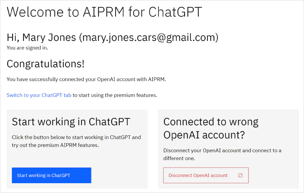 Schermata della pagina di benvenuto di AIPRM con il pulsante Inizia a lavorare con ChatGPT.