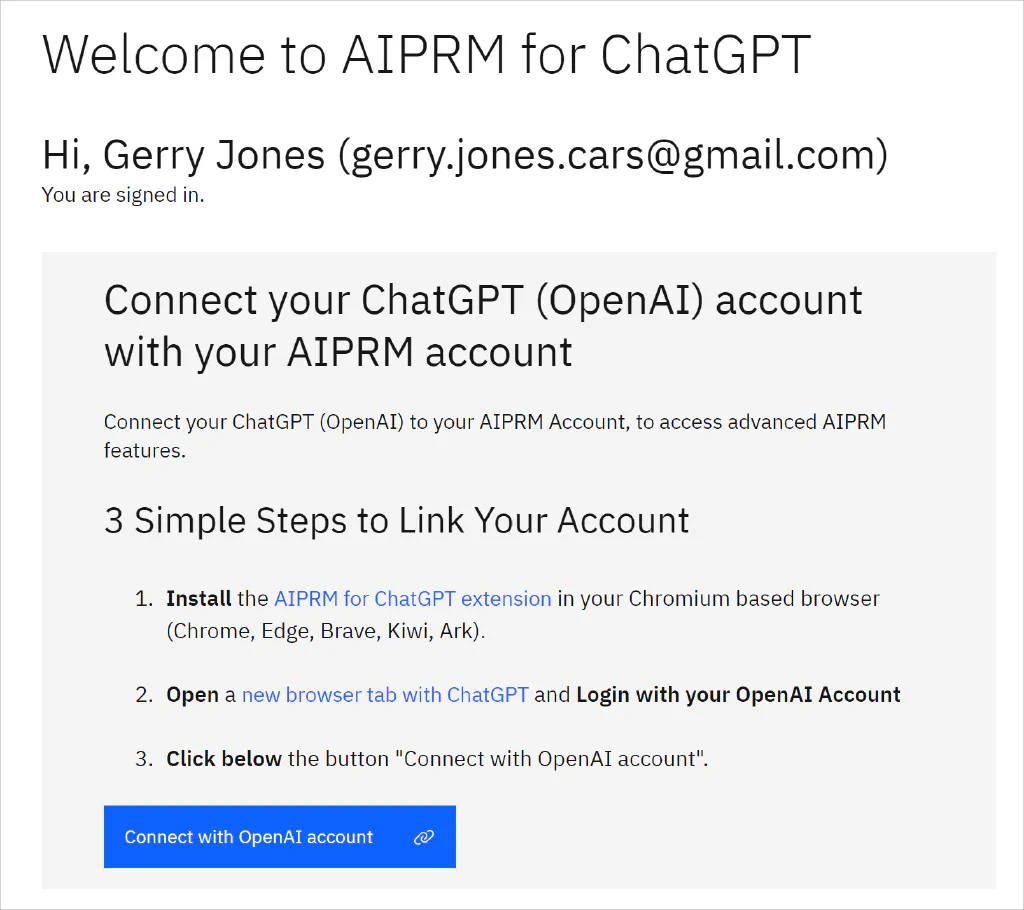 Schermata della pagina di installazione dell&rsquo;estensione AIPRM Chrome con il pulsante Connetti con OpenAI