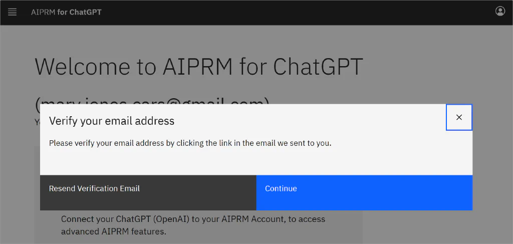 Schermata della pagina Welcome to AIPRM con il pulsante Continua
