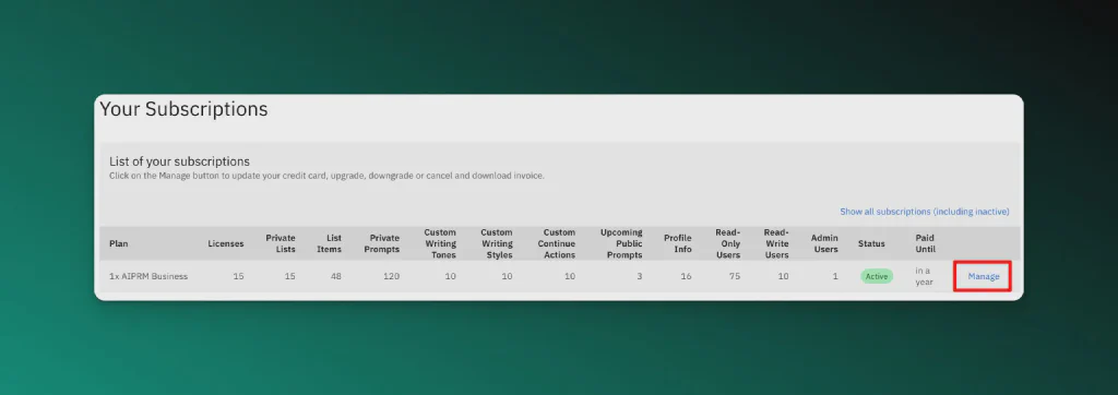 管理オプションを強調表示したAIPRMのサブスクリプションセクションのスクリーンショット