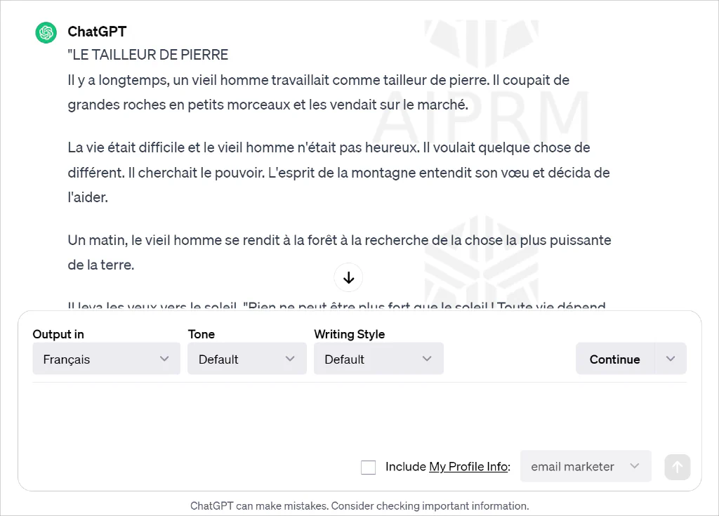 ChatGPT가 번역한 프랑스어 텍스트와 AIPRM 프롬프트 스크린샷