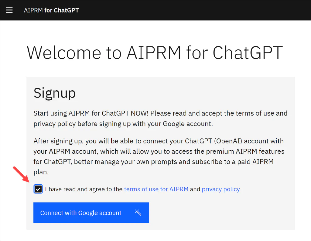 Google 계정으로 연결 버튼을 가리키는 화살표가 있는 AIPRM 시작 페이지 스크린샷