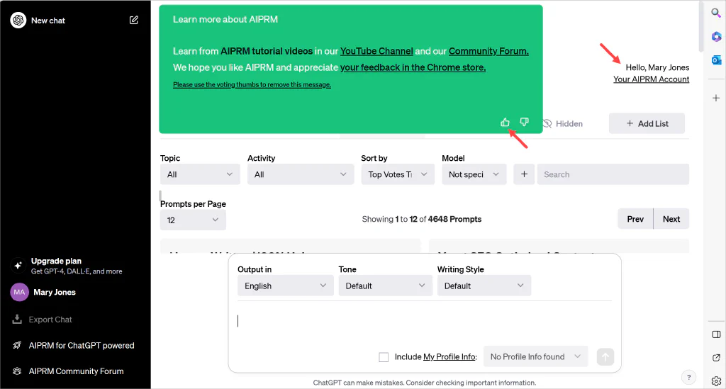 AIPRM 계정 링크를 가리키는 화살표가 있는 ChatGPT 페이지 스크린샷