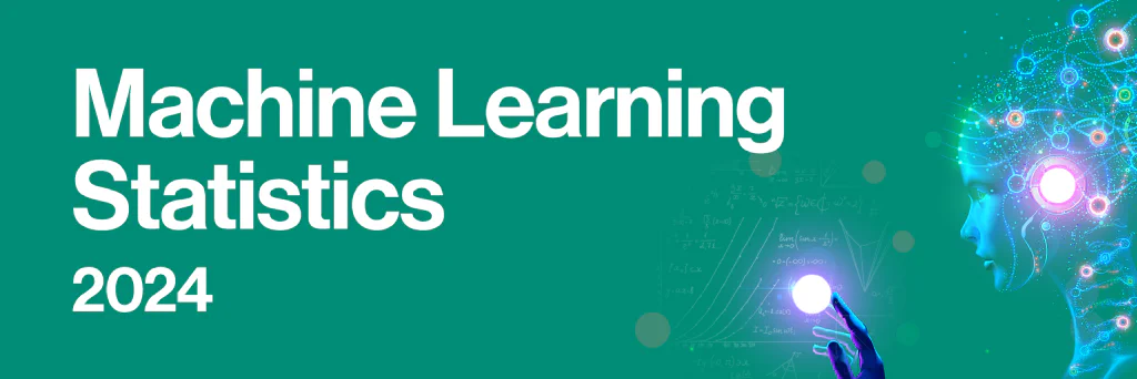 Image of a robot working on mathematical equations alongside the title &lsquo;Machine learning statistics 2024.&rsquo;