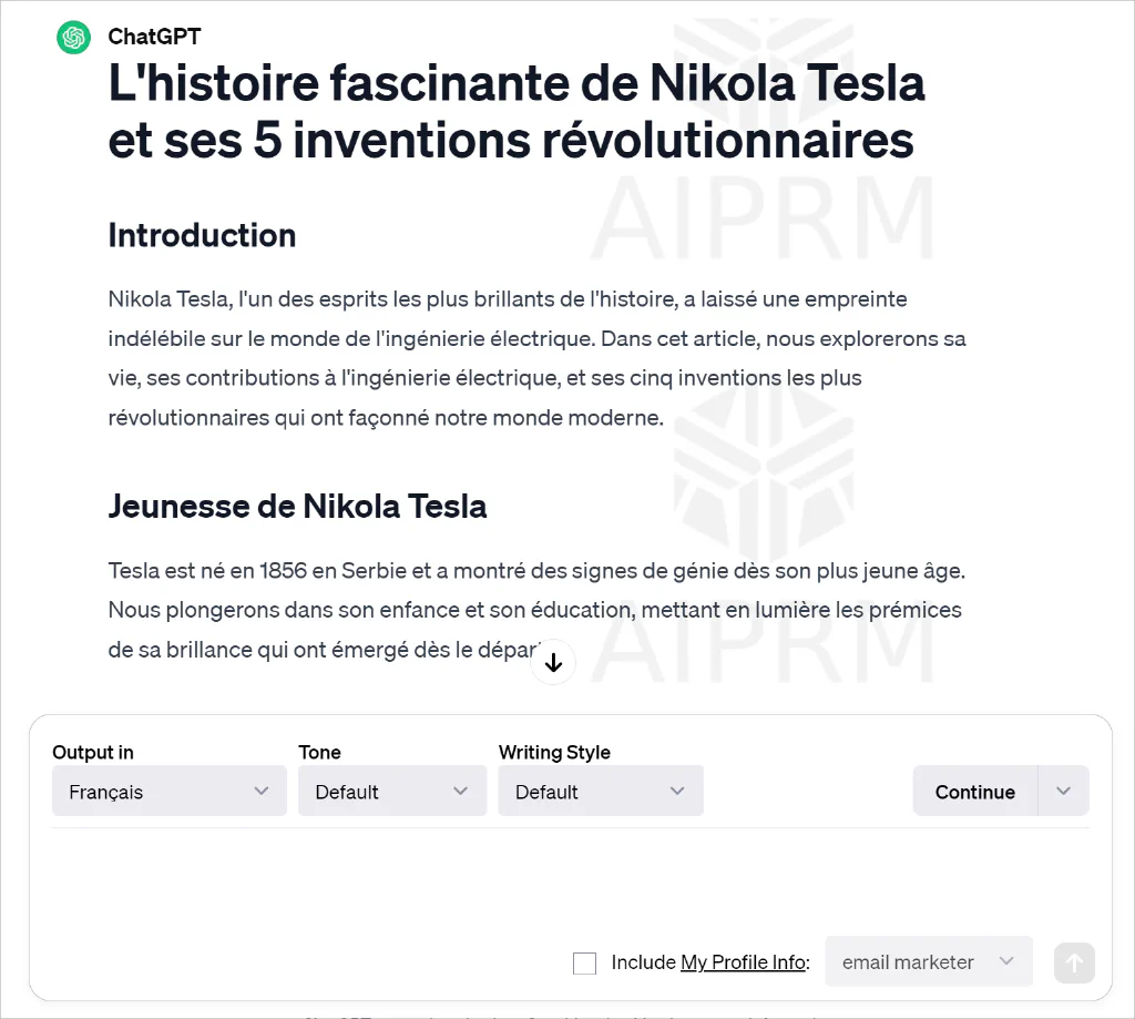 Screenshot van de ChatGPT-tekstuitvoer in de Franse taal
