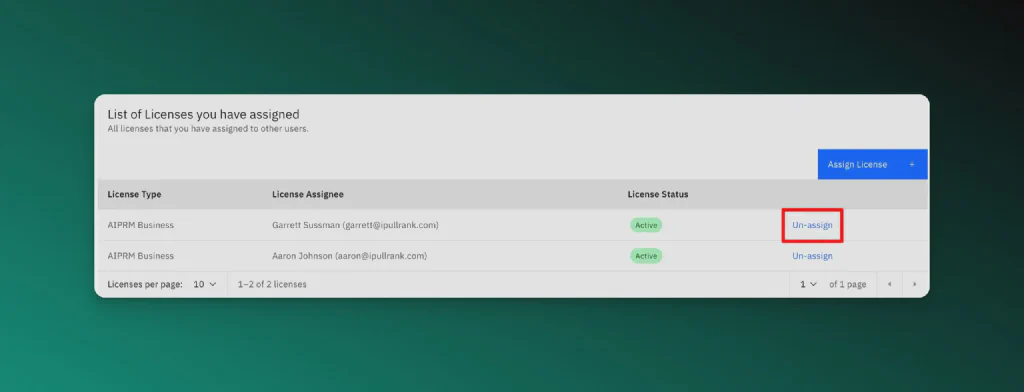 Screenshot van toegewezen licenties in AIPRM met de optie &lsquo;Un-assign&rsquo; gemarkeerd