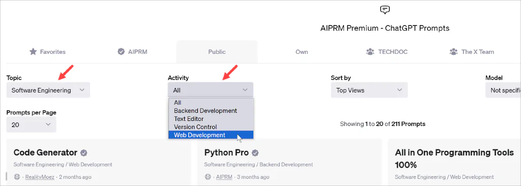 AIPRM dashboard selecteer software engineering