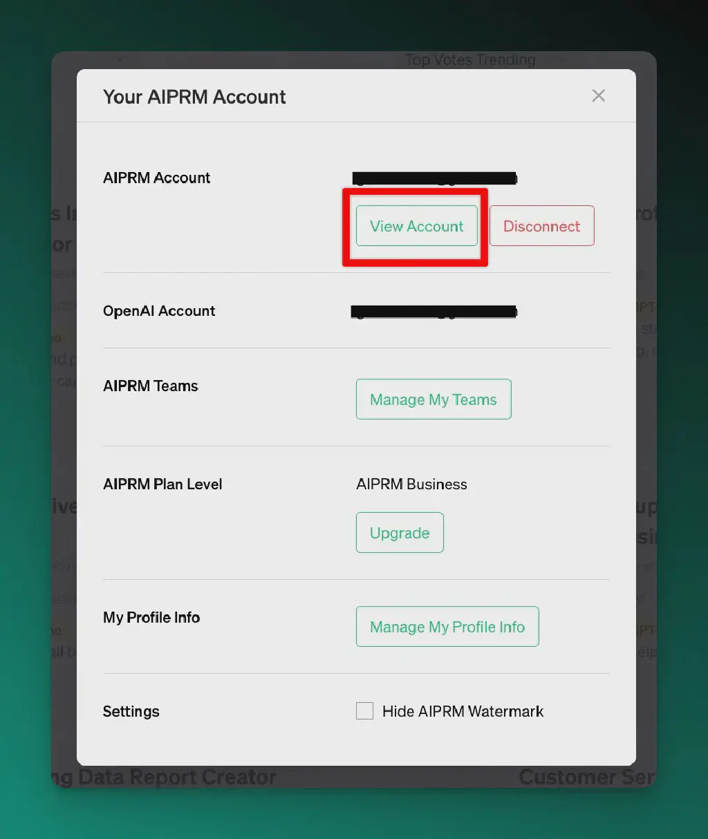 Captura de tela do modal de gerenciamento do AIPRM com a opção View Account (Exibir conta) destacada 