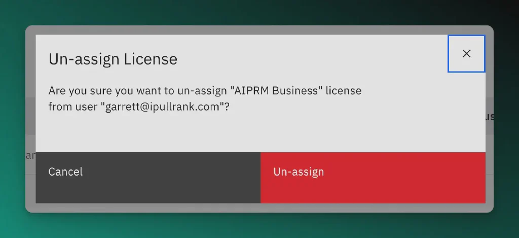 AIPRM Un-assign license penceresinin ekran görüntüsü